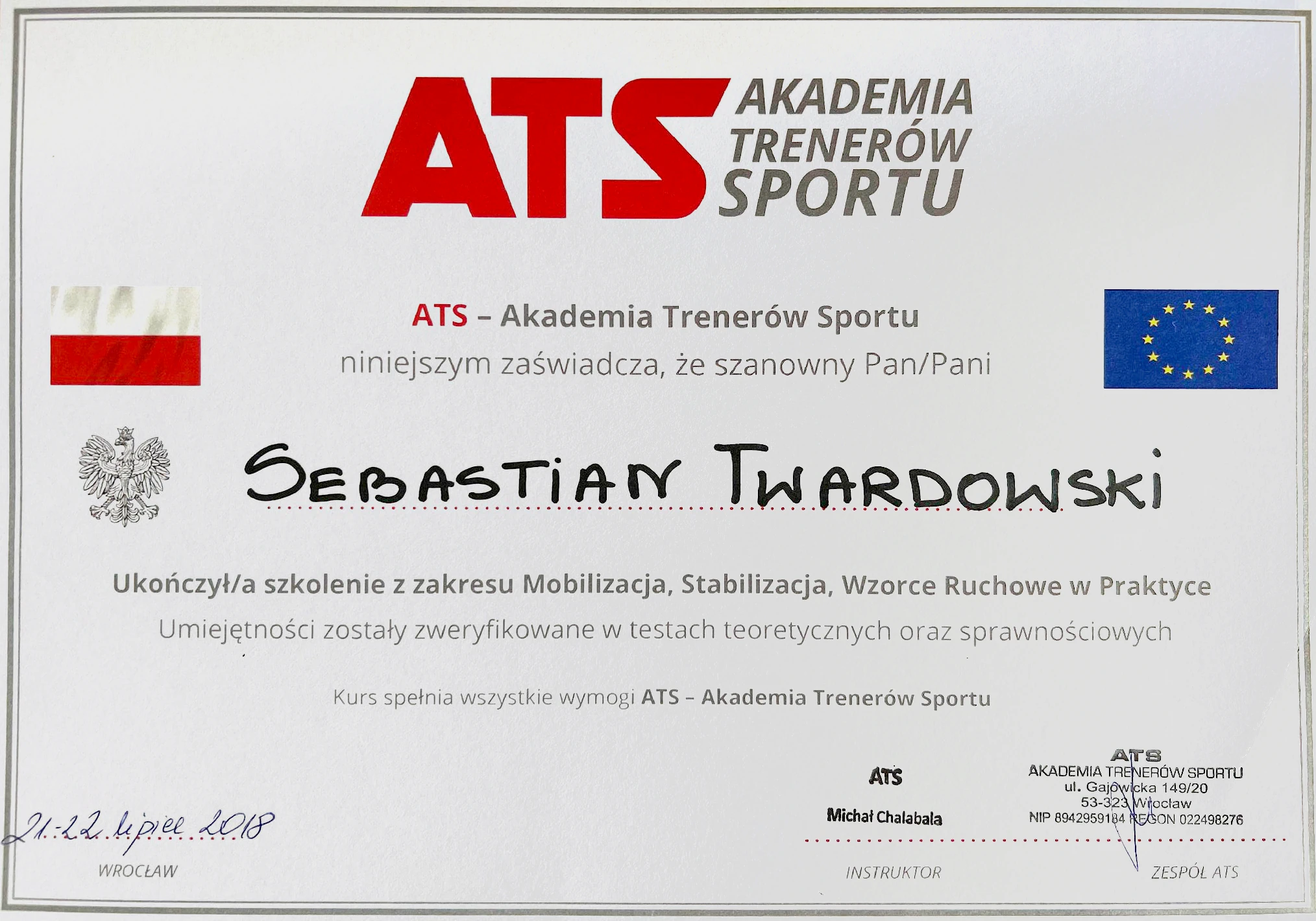 Certyfikat - Akademia Trenerów Sportu - Mobilizacja, Stabilizacja i Wzorce Ruchowe w praktyce