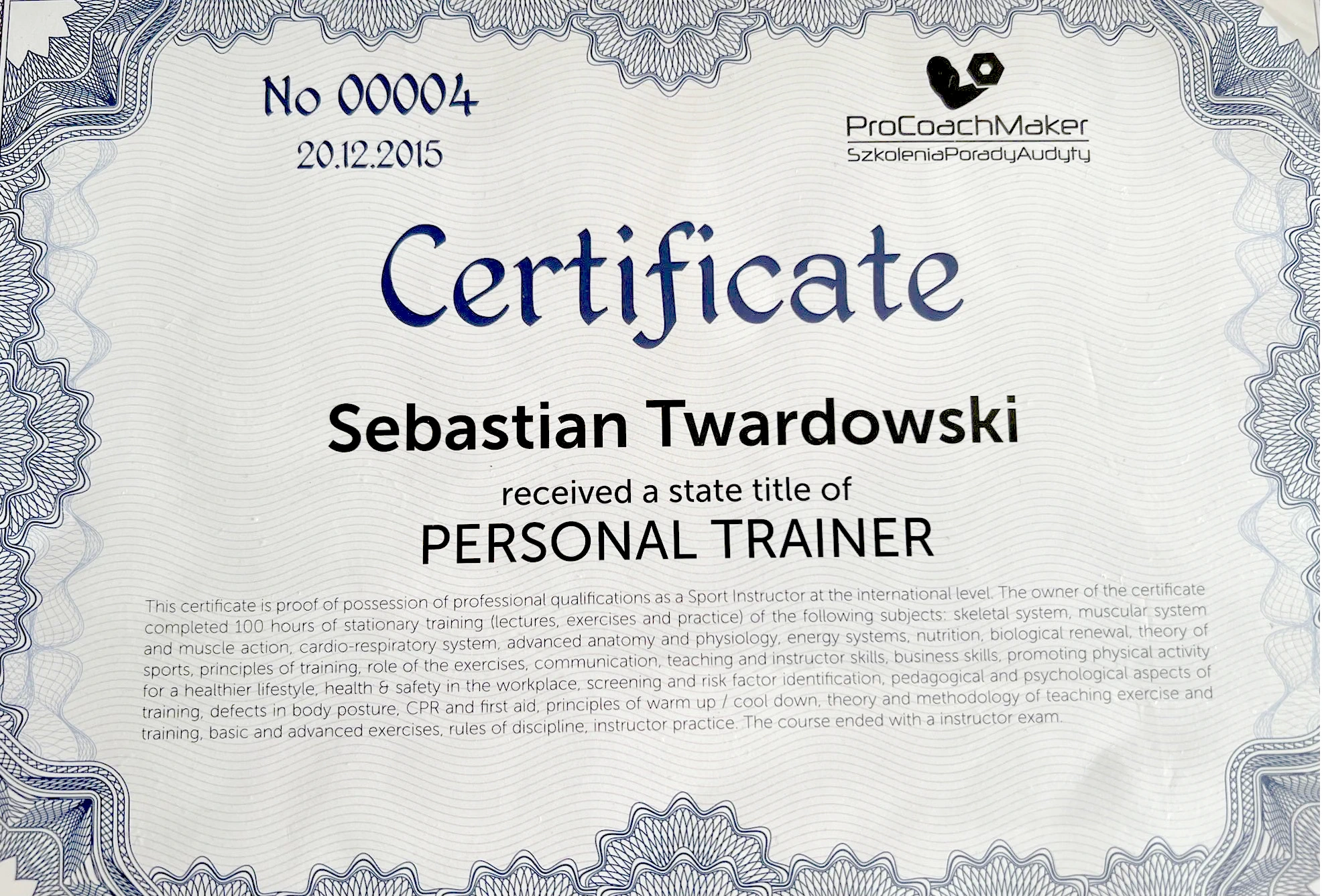 Certyfikat Trenera Personalnego - Pro Coach Maker